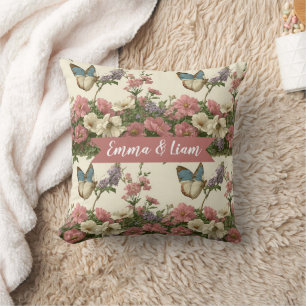 Vintage vår fjäril blomsterträdgård för par kudde