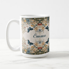 Vintage vår fjäril blomsterträdgård kaffemugg
