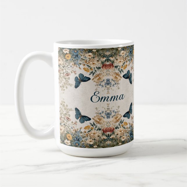 Vintage vår fjäril blomsterträdgård kaffemugg (Vänster)