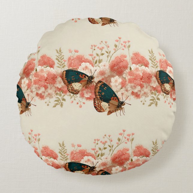Vintage vårblommor med fjärilar rund kudde (Framsidan)