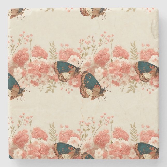 Vintage vårblommor med fjärilar stenunderlägg (Framsidan)