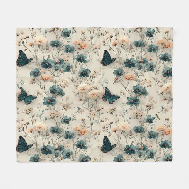 Vintage vårblommor och fjärilar fleecefilt (Framsidan (Horisontell))