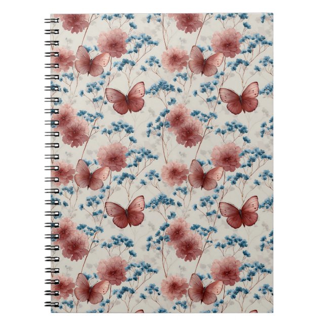 Vintage vårblommor & rosa fjärilar anteckningsbok (Framsidan)