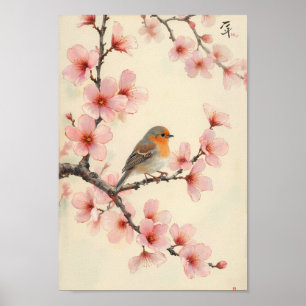 Vintage vårfågel körsbärsblomsterväggkonst poster