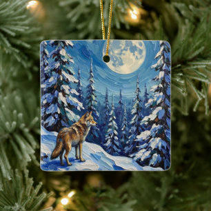 Vintage Varg i månljust vinter skog jul Julgransprydnad Keramik