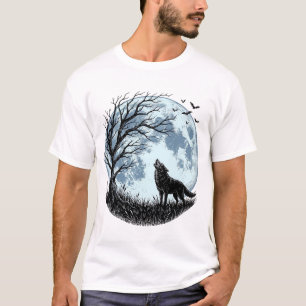 Vintage varg tjuter mot månen träd silhuett design t shirt