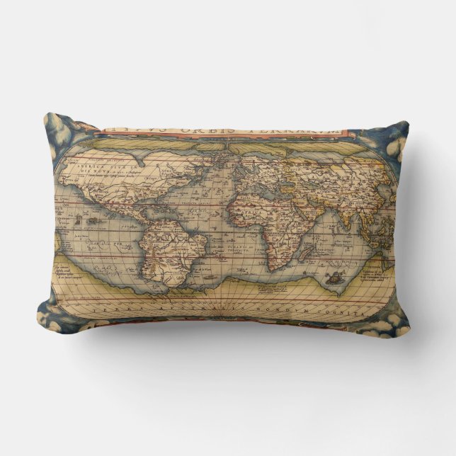 Vintage världskarta av Abraham Ortelius 1564 Lumbarkudde (Framsida)