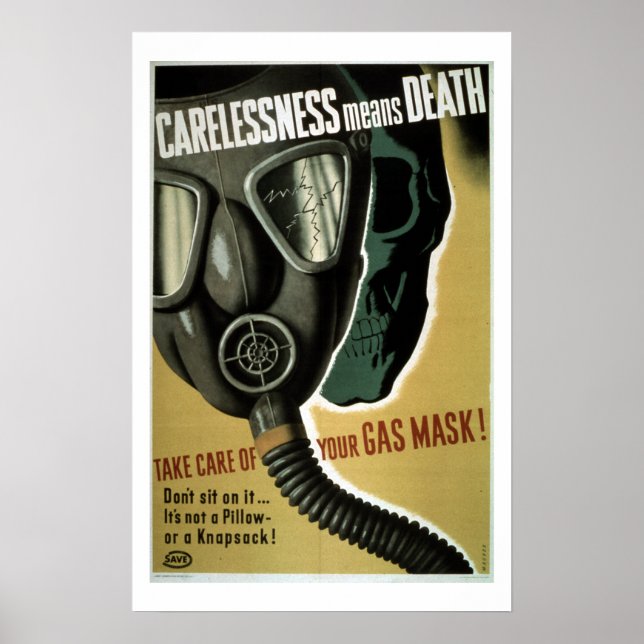 Vintage Världskrig II Poster av gasmasksäkerhet (Framsidan)