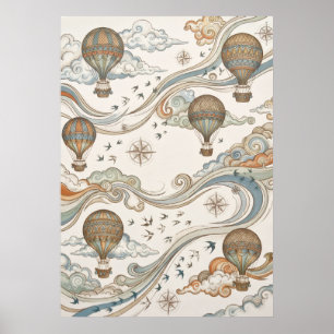 Vintage Varm Luft Ballonger Kompass Resa Konst Poster