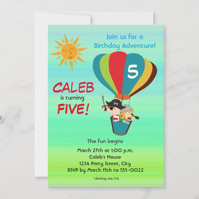 Vintage varmluftsballongäventyr barnkalas inbjudningar (Framsida)