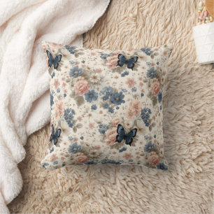 Vintage vårpink och blå blommor & fjäril kudde