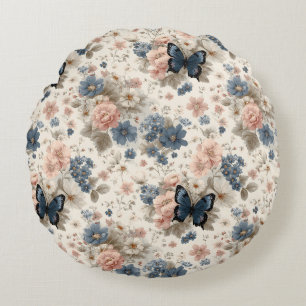 Vintage vårpink och blå blommor & fjäril rund kudde