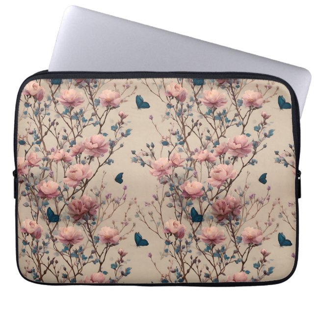 Vintage vårrosor med blå fjärilar laptop fodral (Framsidan)