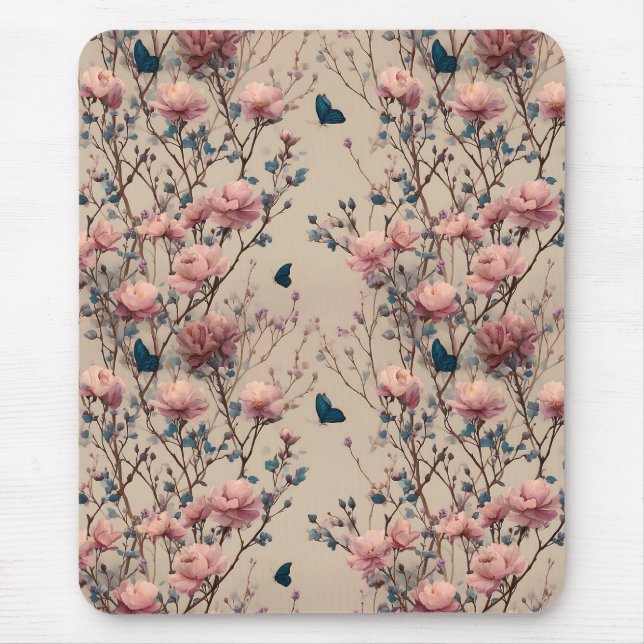 Vintage vårrosor med blå fjärilar musmatta (Framsidan)