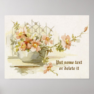 Vintage vas med vattenfärgsutskrift rosa ros poster