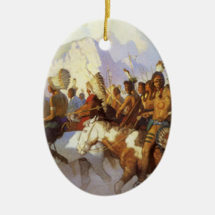 Vintage västerländsk konst, Indian War Party av NC Julgransprydnad Keramik