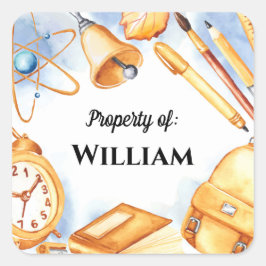 Vintage Vattenfärg Back to school Kids Namn Fyrkantigt Klistermärke