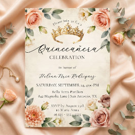 Vintage Vattenfärg Blommig Guld Krona Quinceañera Inbjudningar