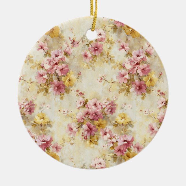 Vintage Vattenfärg Blommönster Julgransprydnad Keramik (Framsidan)