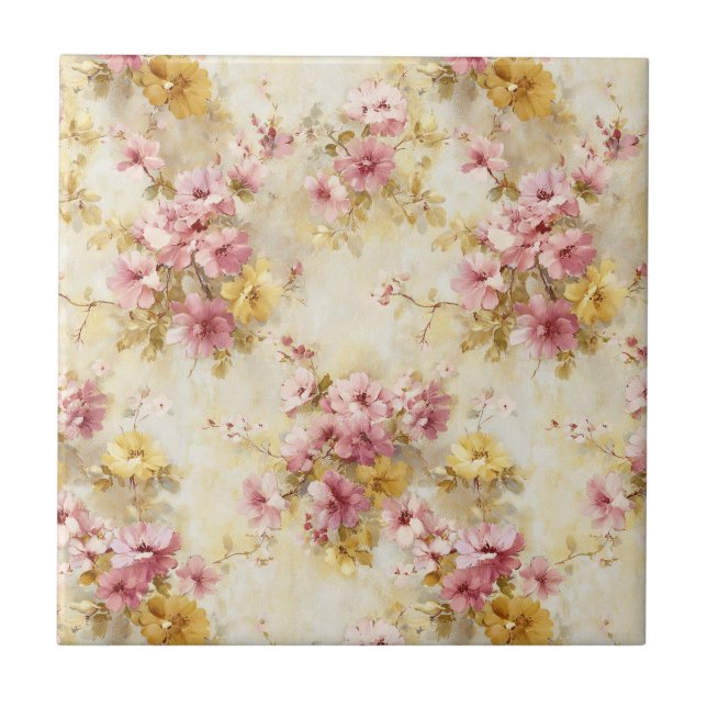 Vintage Vattenfärg Blommönster Kakelplatta (Framsidan)