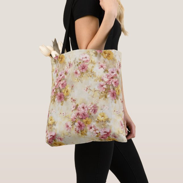 Vintage Vattenfärg Blommönster Tygkasse (Närbild)