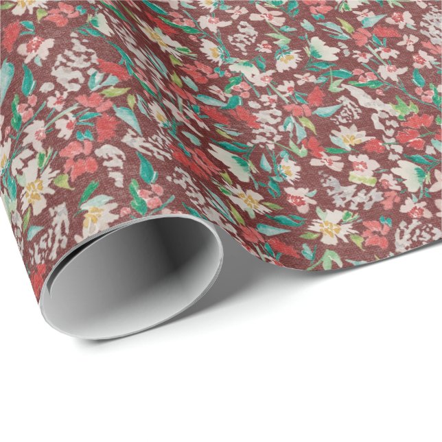 Vintage Vattenfärg Blommor Vinteräng (Röd) Presentpapper (Rullad Hörn)