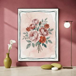 Vintage Vattenfärg Blush och Rost Rosa Blommig Kon Poster