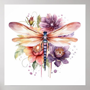 Vintage Vattenfärg Dragonfly & Flowers Poster