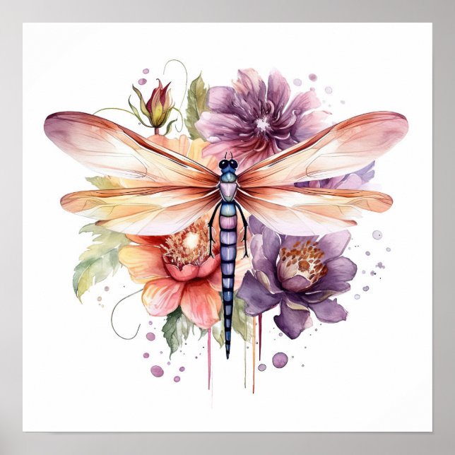 Vintage Vattenfärg Dragonfly & Flowers Poster (Framsidan)