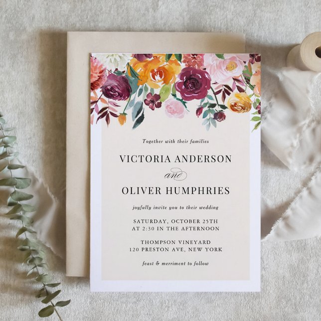 Vintage Vattenfärg Höstblommor Blommigt Bröllop Inbjudningar (Watercolor Autumn Blooms Botanical Fall Wedding Invitation)