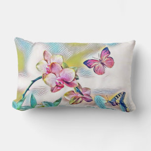 Vintage Vattenfärg i Rosa Red Orchid Flowers Lumbarkudde