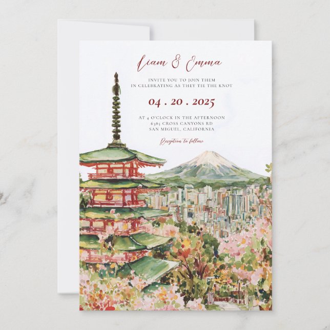 Vintage Vattenfärg Japansk Landskaps Bröllop Inbjudningar (Framsida)