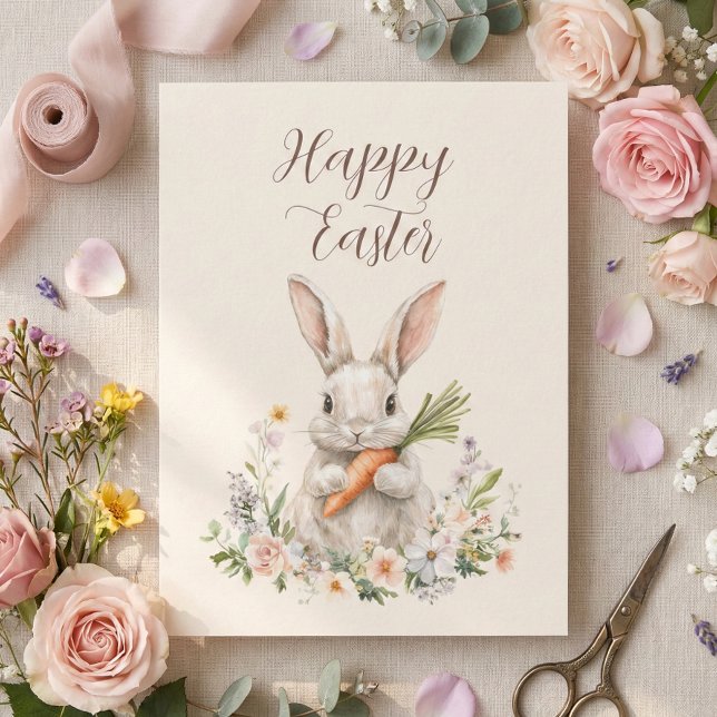 Vintage Vattenfärg Kanin Påsk Helgkort (elegant vintage floral watercolor cottagcore easter bunny easter greeting card)