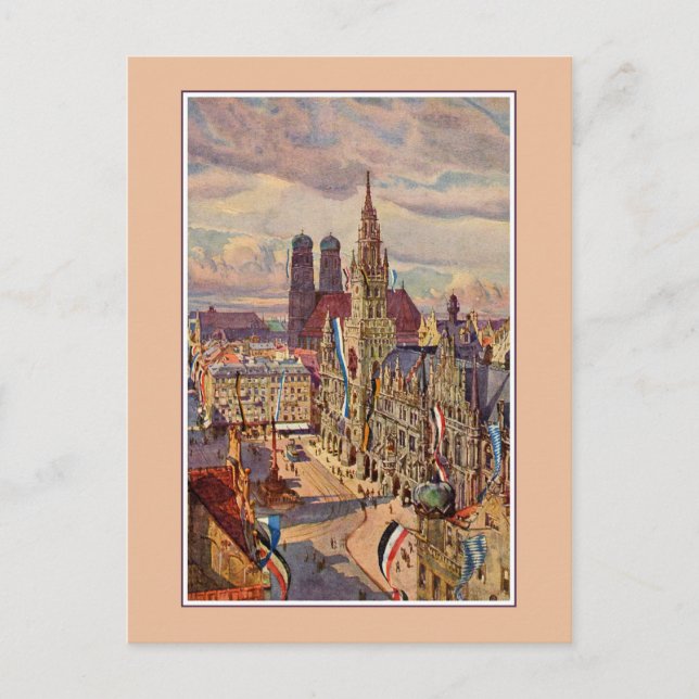 Vintage vattenfärg München Marienplatz Vykort (Framsida)
