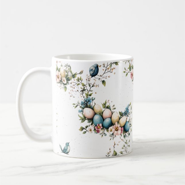 Vintage Vattenfärg Påskfåglar & Blommig Vår Kaffemugg (Vänster)