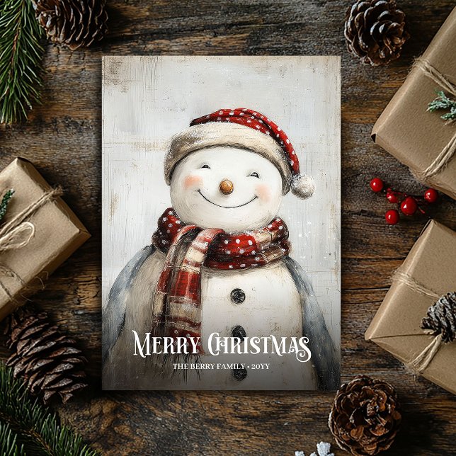 Vintage vattenfärg röd vit jul snöman julkort (Vintage watercolor red white Christmas snowman Holiday Card)