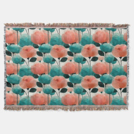 Vintage Vattenfärg Rosa och Grönt Blommotiv Filt