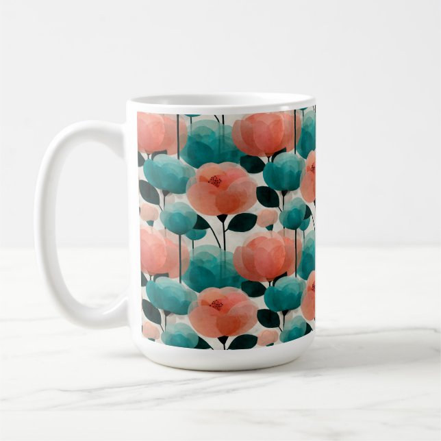 Vintage Vattenfärg Rosa och Grönt Blommotiv Kaffemugg (Vänster)