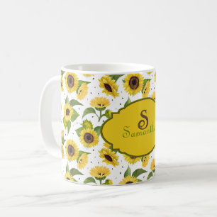 Vintage Vattenfärg Solrosor Namn Monogram Kaffemugg