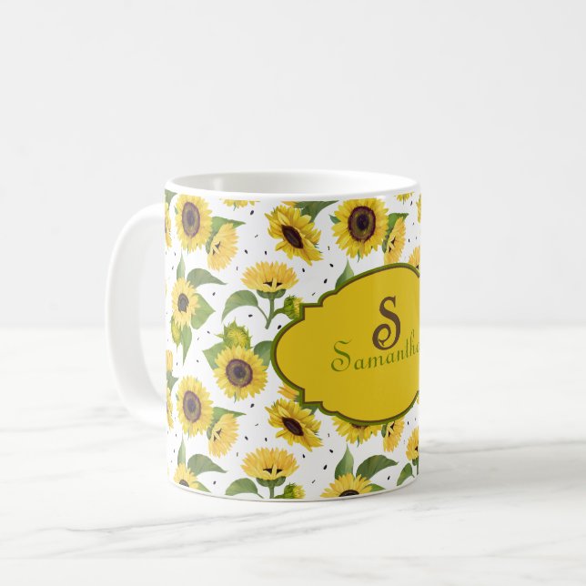 Vintage Vattenfärg Solrosor Namn Monogram Kaffemugg (Framsida vänster)