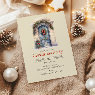 Vintage Vattenfärgad blå dörr jul Party Inbjudningar