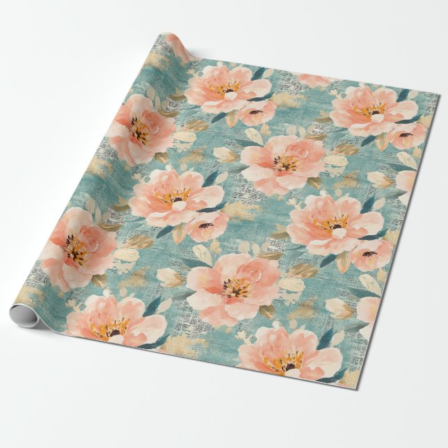 Vintage Vattenfärgad Blommigt Abstrakt Mönster (1) Presentpapper (Utrullad)