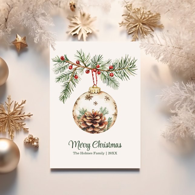 Vintage Vattenfärgad jul Ornament Julkort (Vintage Watercolor Christmas Ornament Holiday Card surrounded with golden Christmas ornaments.)