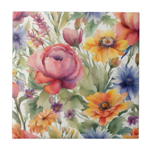 Vintage Vattenfärgade blandade blommor i blommor Kakelplatta