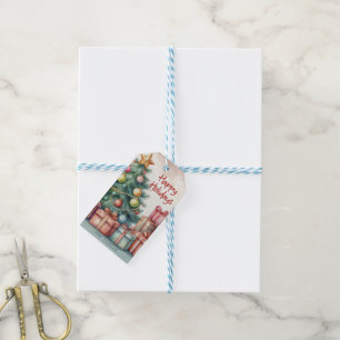 Vintage Vattenfärgning Julgran Ornaments Presentetikett