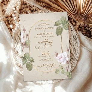 Vintage vattenfärgsarch vit ros guld boho arch inbjudningar
