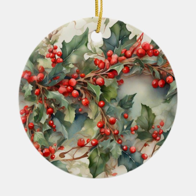 Vintage vattenfärgsblåbär löv julgransprydnad keramik (Framsidan)