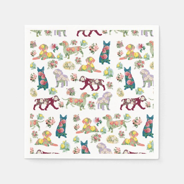 Vintage Vattenfärgsblommor och Hundar Mönster Pappersservett (Framsidan)