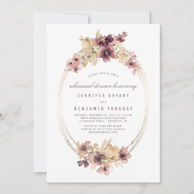 Vintage Vattenfärgsblommor Rehearsal Middag Inbjudningar (Framsida)