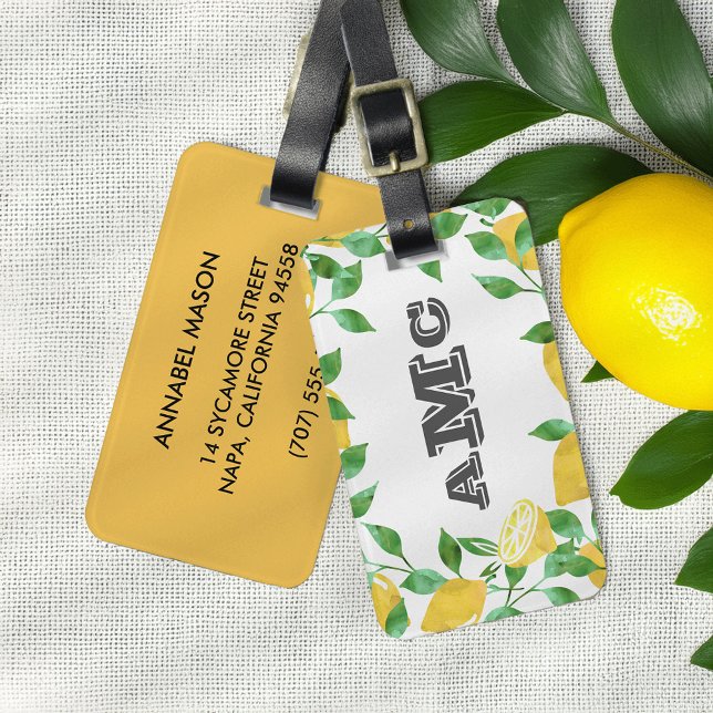 Vintage Vattenfärgsetikett Lemon Monogram Luggage  Bagagebricka (Skapare uppladdad)